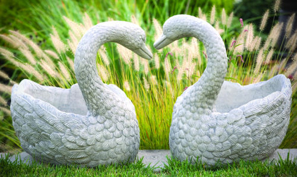 Heart Swan Pair of Cement Garden Planters